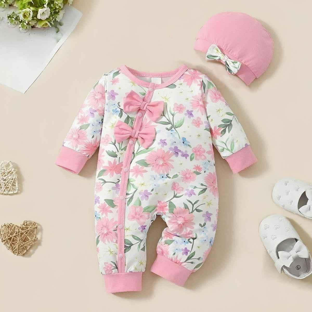 2PCS Dreamy Floral Printed Bow Long Sleeve Baby Jumpsuit