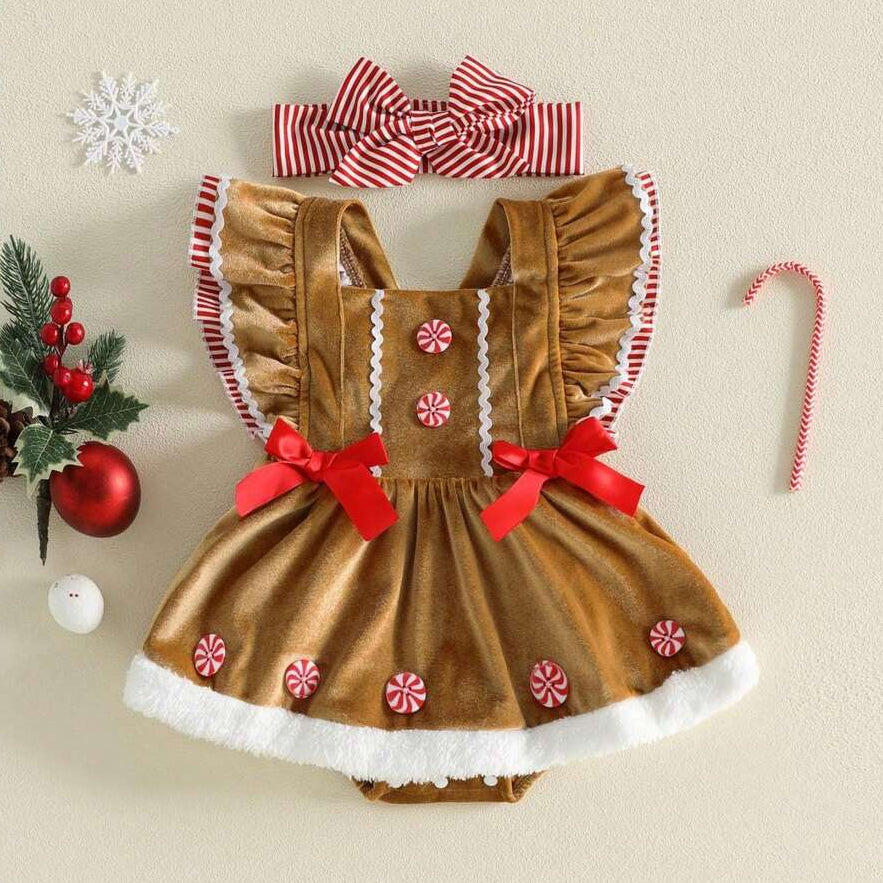 2PCS Gingerbread Man Flutter Sleeve Christmas Baby Girl Velvet Romper