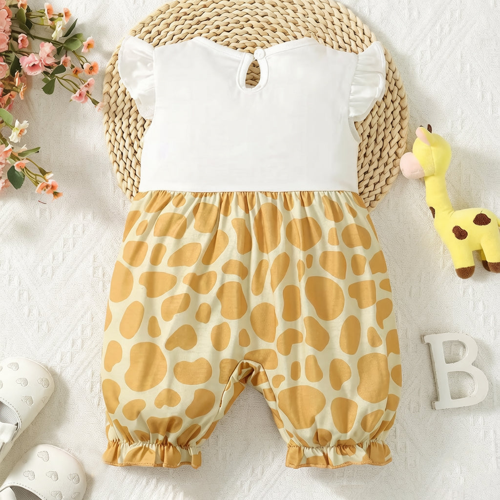 Cute Giraffe Print Flutter Sleeve Baby Jumpsuit