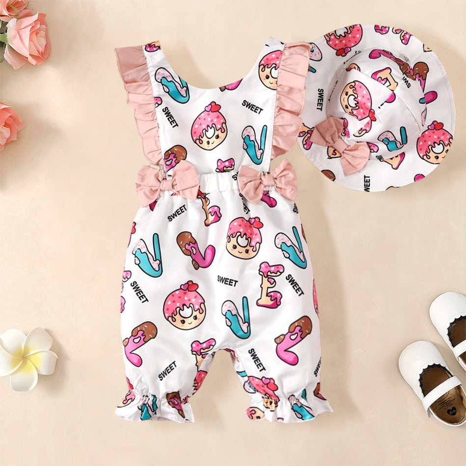 2PCS Lovely Donut Print Ruffle Sleeveless Baby Jumpsuit