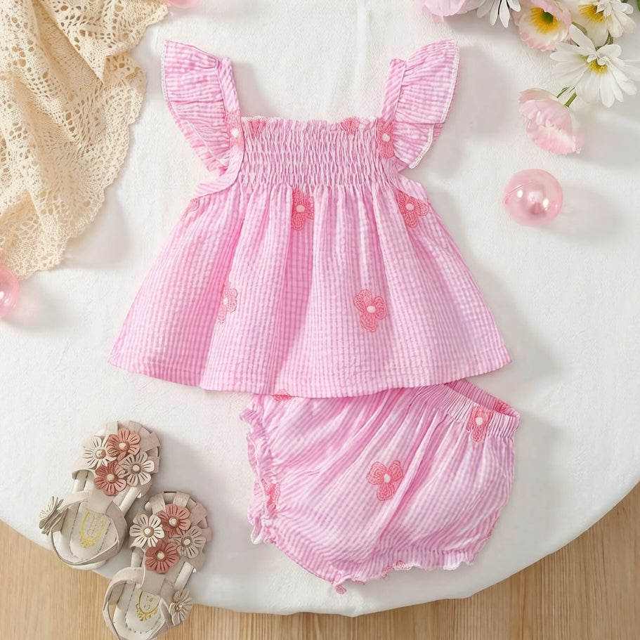 2PCS Elegant Floral Printed Flounce Sleeve Baby Set