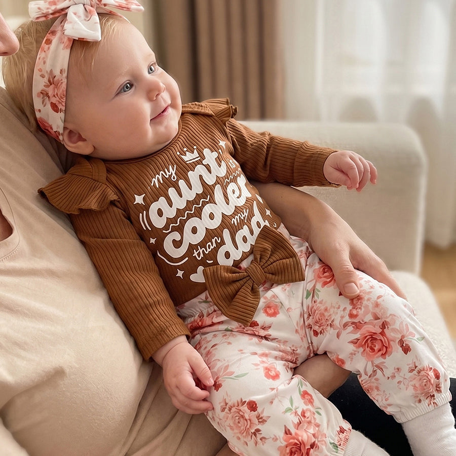 4PCS My Aunt Cooler Than My Dad Letter Floral Printed Baby Set
