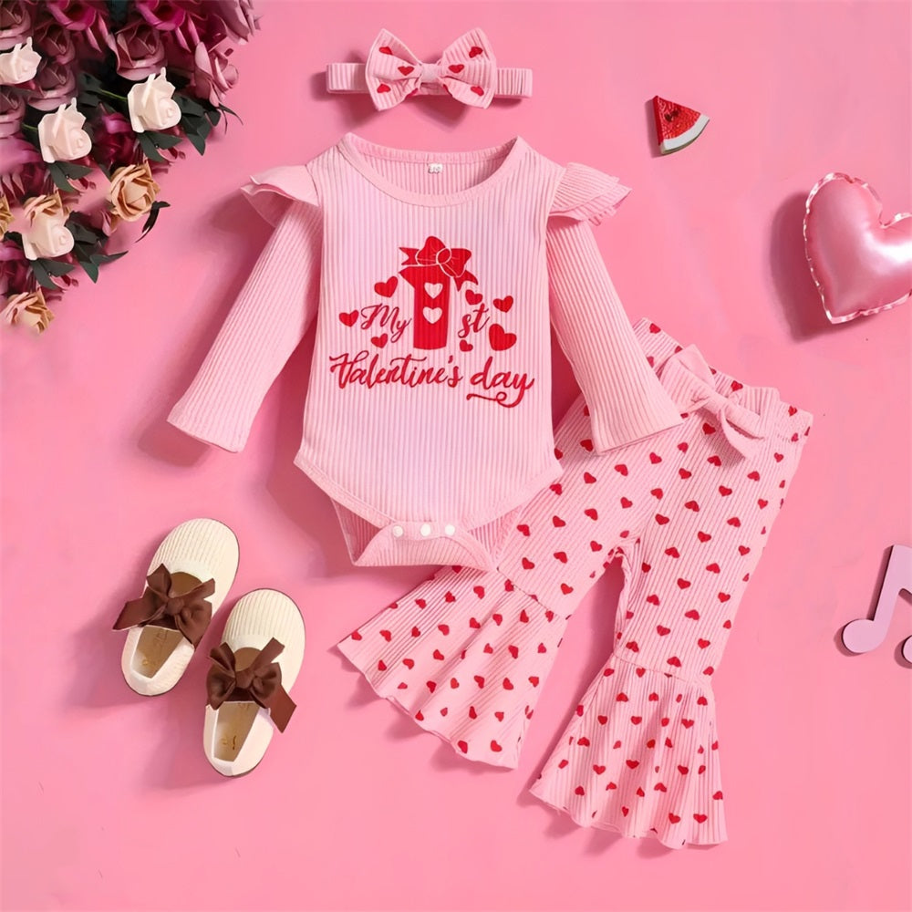 3PCS My 1st Valentine's Day Letter Heart Print Baby Set