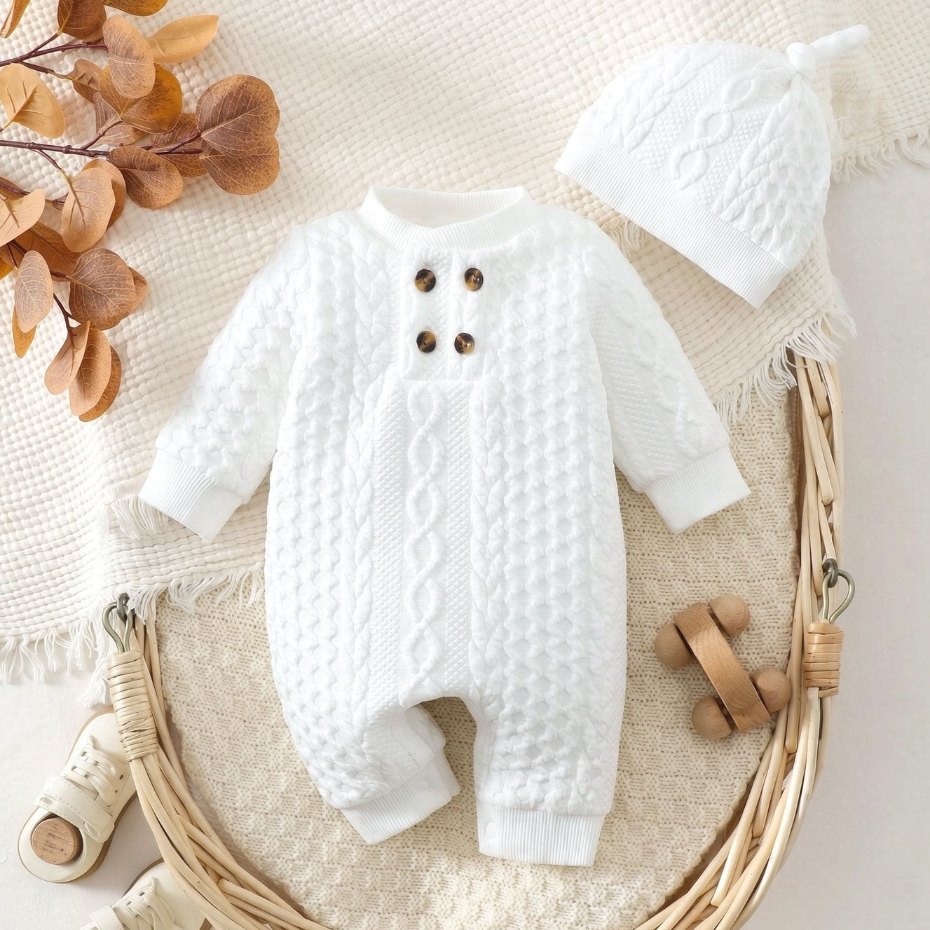 2PCS Classy Solid Color Long Sleeve Baby Knit Jumpsuit