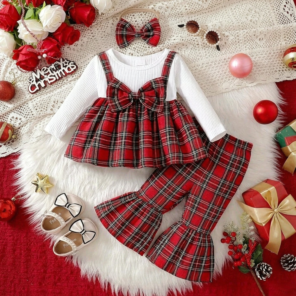 3PCS Chic Plaid Printed Bow Long Sleeve Baby Girl Set
