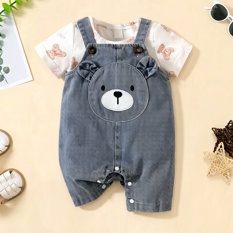 2PCS Cute Teddy Bear Print Denim Short Sleeve Overalls Baby Set