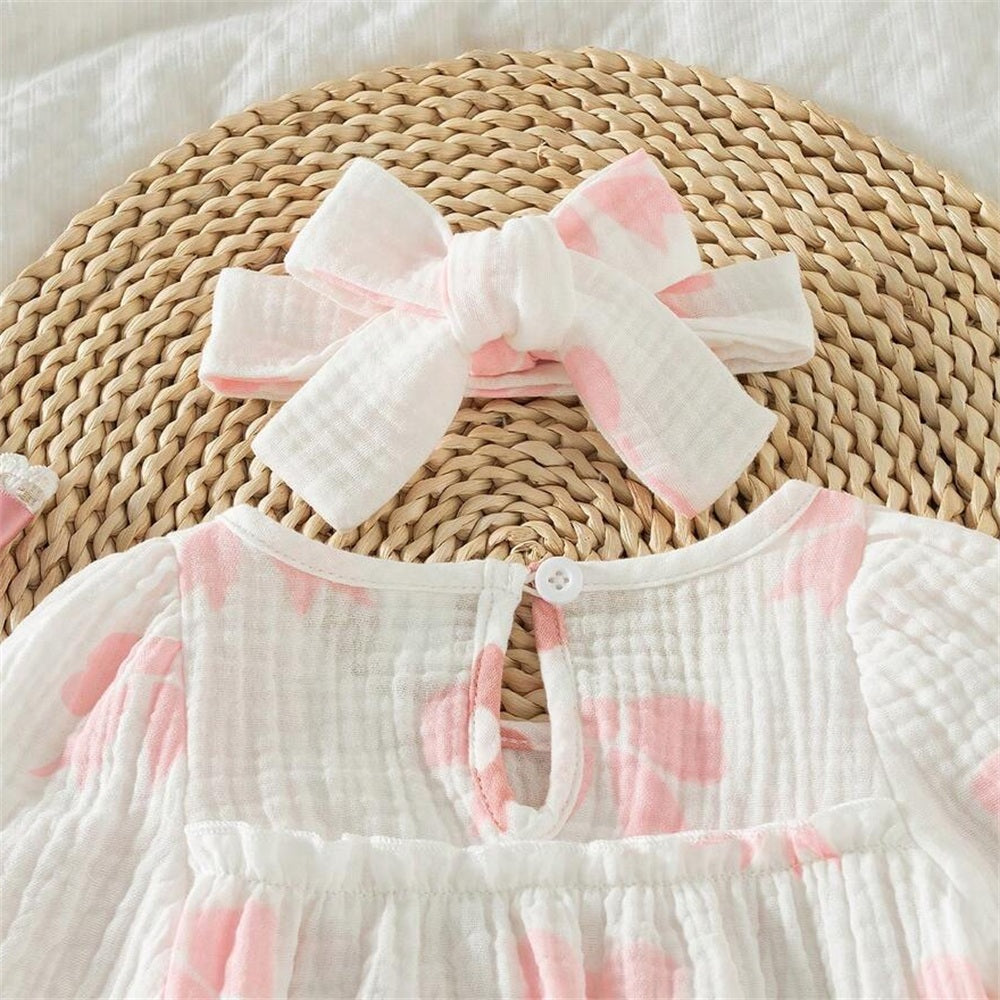 3PCS Refined Bow Printed Long Sleeve Baby Girl Romper