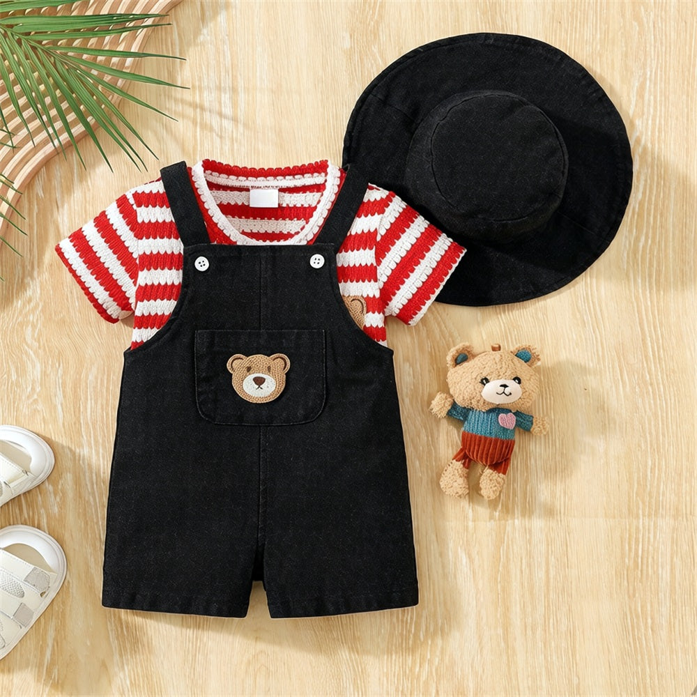 3PCS Lovely Bear Embroidery Stripe Print Short Sleeve Baby Set