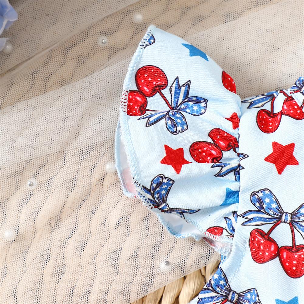 Sweet Cherry & Star Print Flutter Sleeve Baby Girl Romper