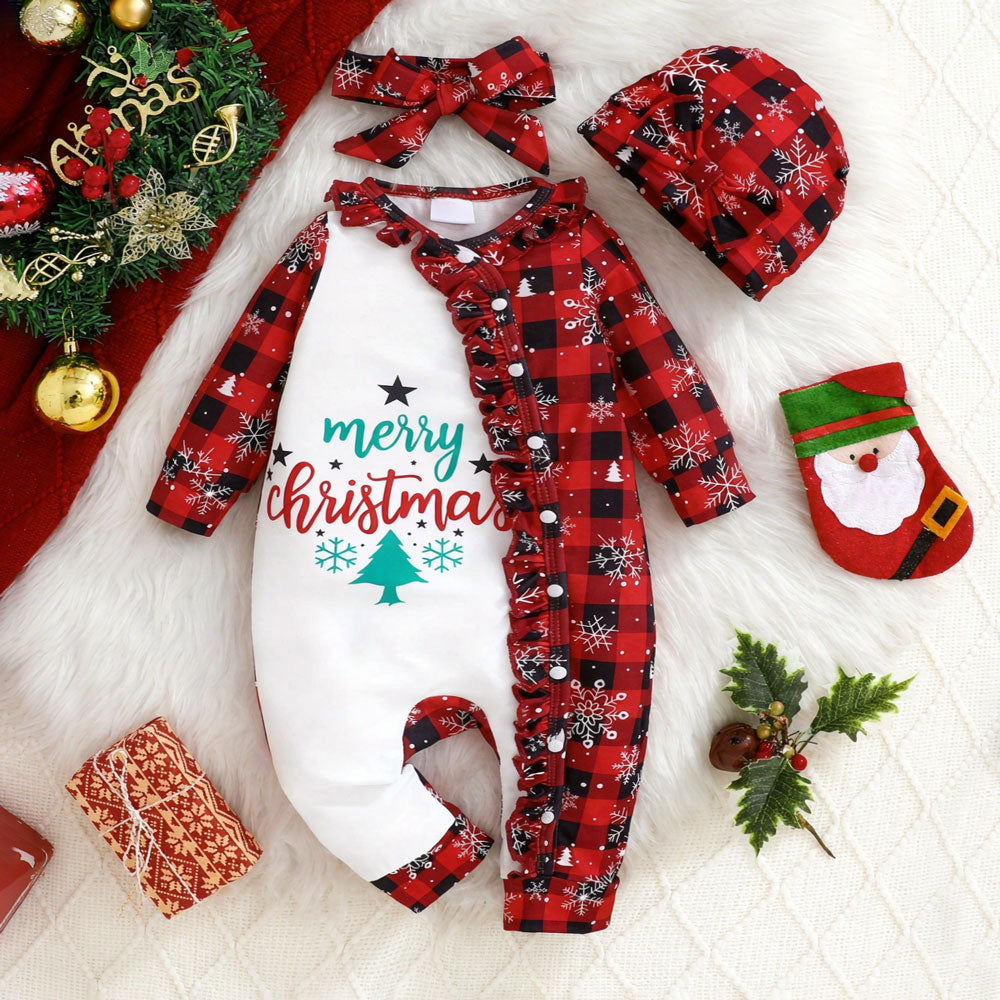 3PCS Merry Christmas Letter Snow Plaid Printed Baby Jumpsuit