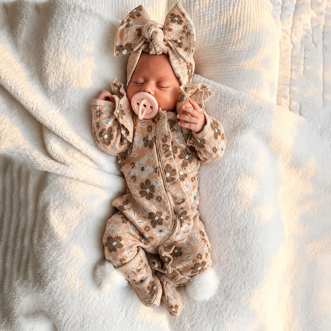2PCS Casual Allover Floral Printed Zipper Long Sleeve Baby Jumpsuit