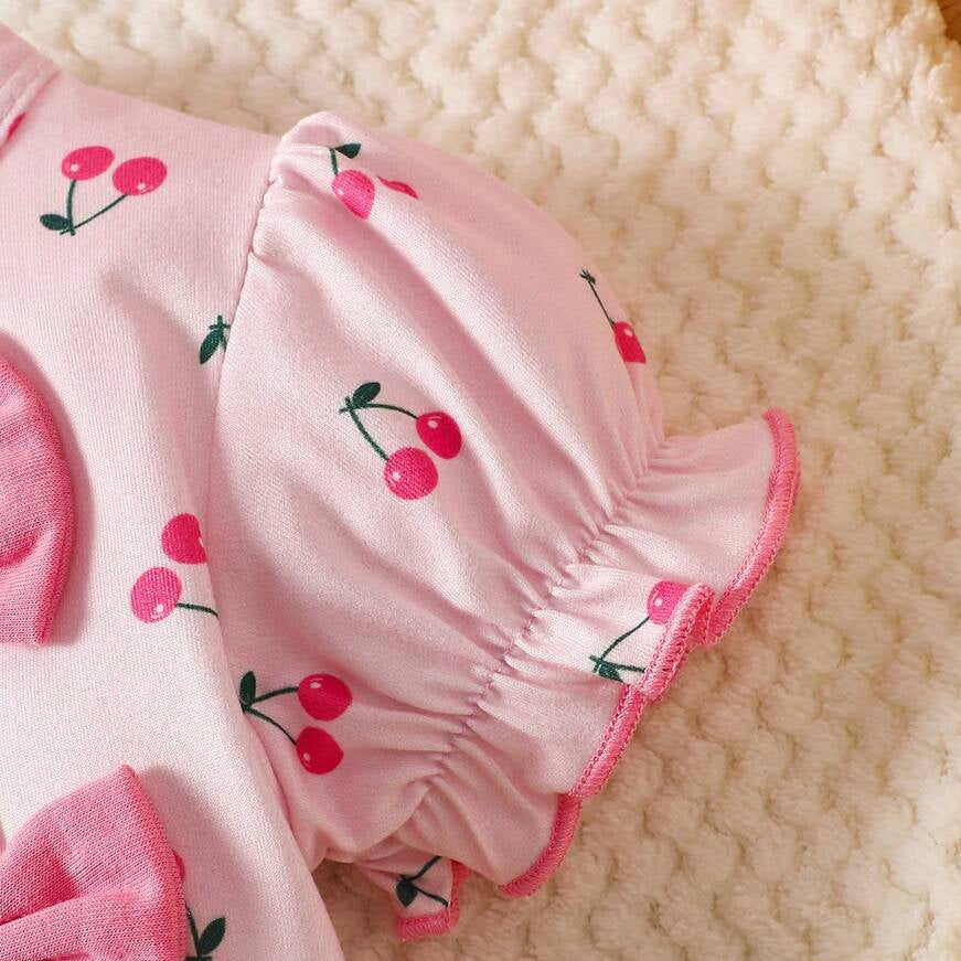 2PCS Sweet Cherry Print Bow Puff Sleeve Baby Jumpsuit