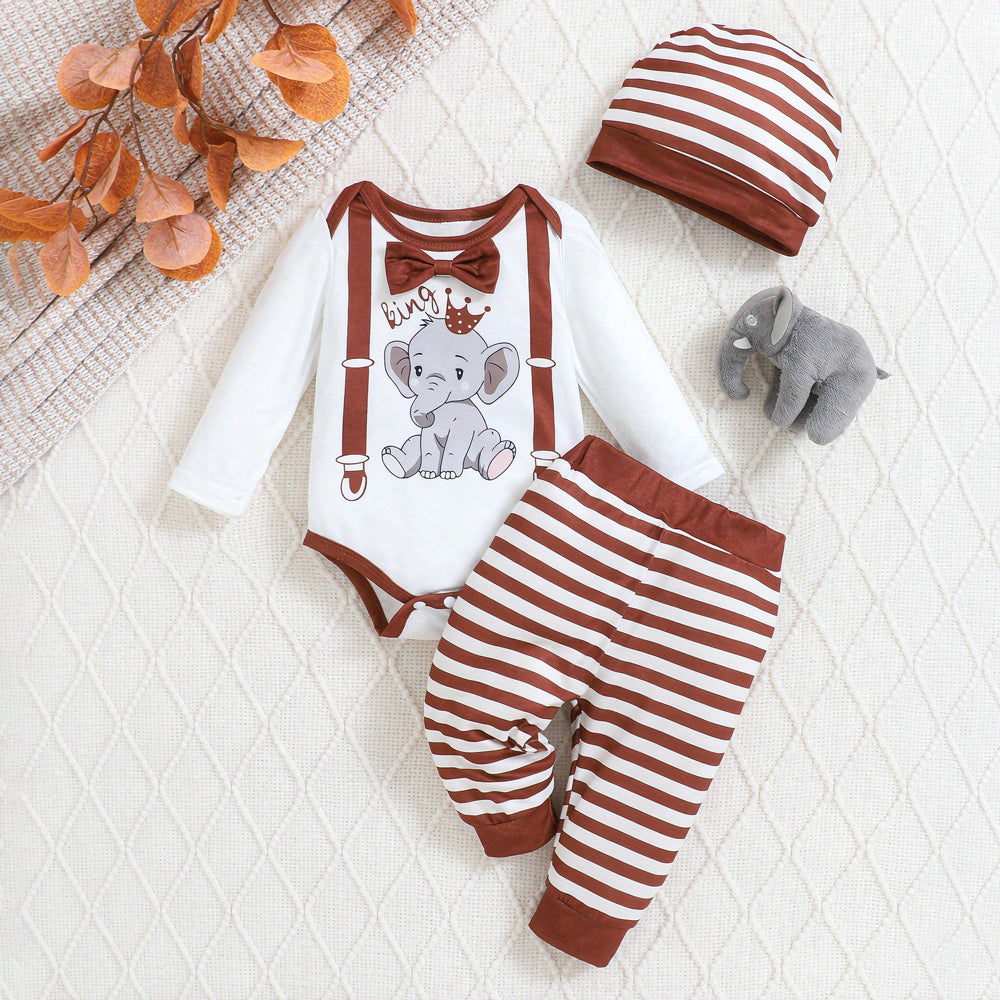 3PCS Cute King Letter Elephant Stripe Print Long Sleeve Baby Boy Set