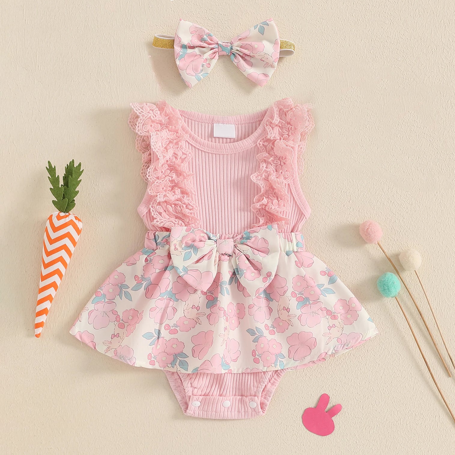 2PCS Sweet Floral Print Lace Appliqué Sleeveless Baby Romper