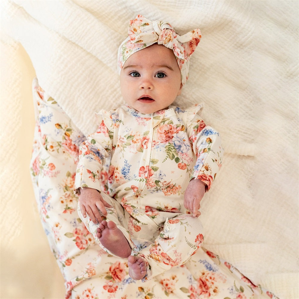 2PCS Allover Floral Print Long Sleeve Zipper Baby Jumpsuit