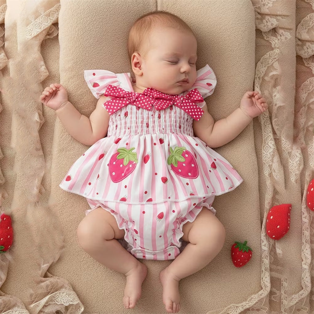 2PCS Sweet Strawberry Print Striped Sleeveless Baby Set