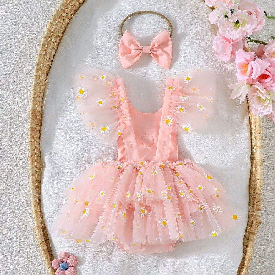 2PCS Floral Appliqué Daisy Print Tulle Flutter Sleeve Baby Romper