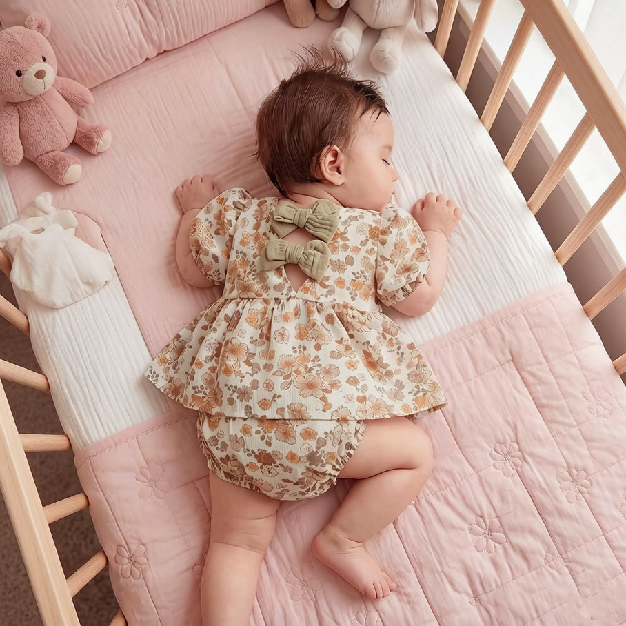 2PCS Vintage Romantic Floral Print Puff Sleeve Baby Set