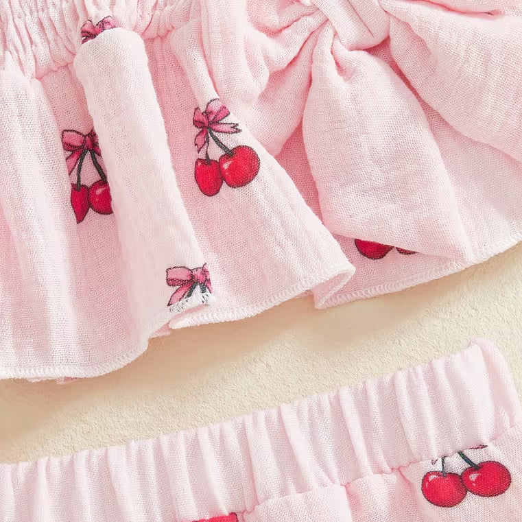 2PCS Summer Cherry Printed Ruffled Fly Sleeve Baby Set