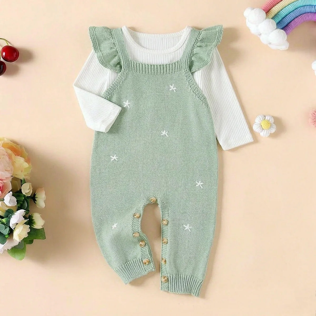 Sweet Floral Faux Two-Piece Long Sleeve Knit Baby Girl Jumpsuit