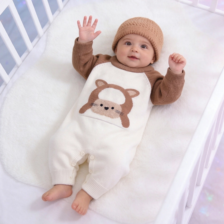 2PCS Cartoon Lamb Print Knit Long Sleeve Baby Jumpsuit