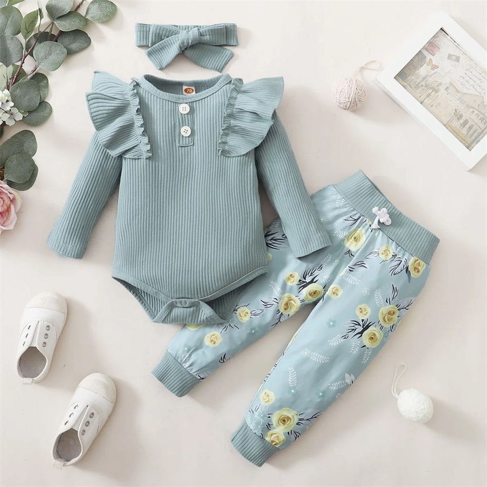 3PCS Stylish Floral Print Ruffle Shoulder Long Sleeve Baby Set
