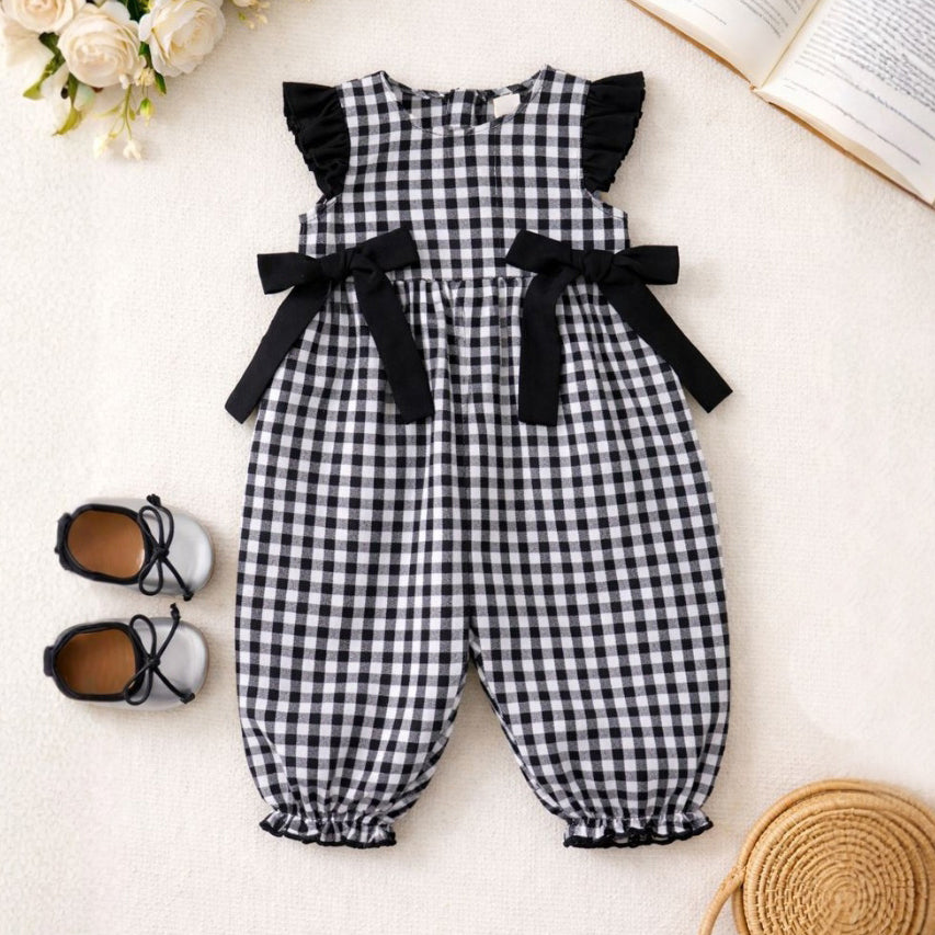 Lovely Plaid Print Fly Sleeve Bowknot Baby Jumpsuit