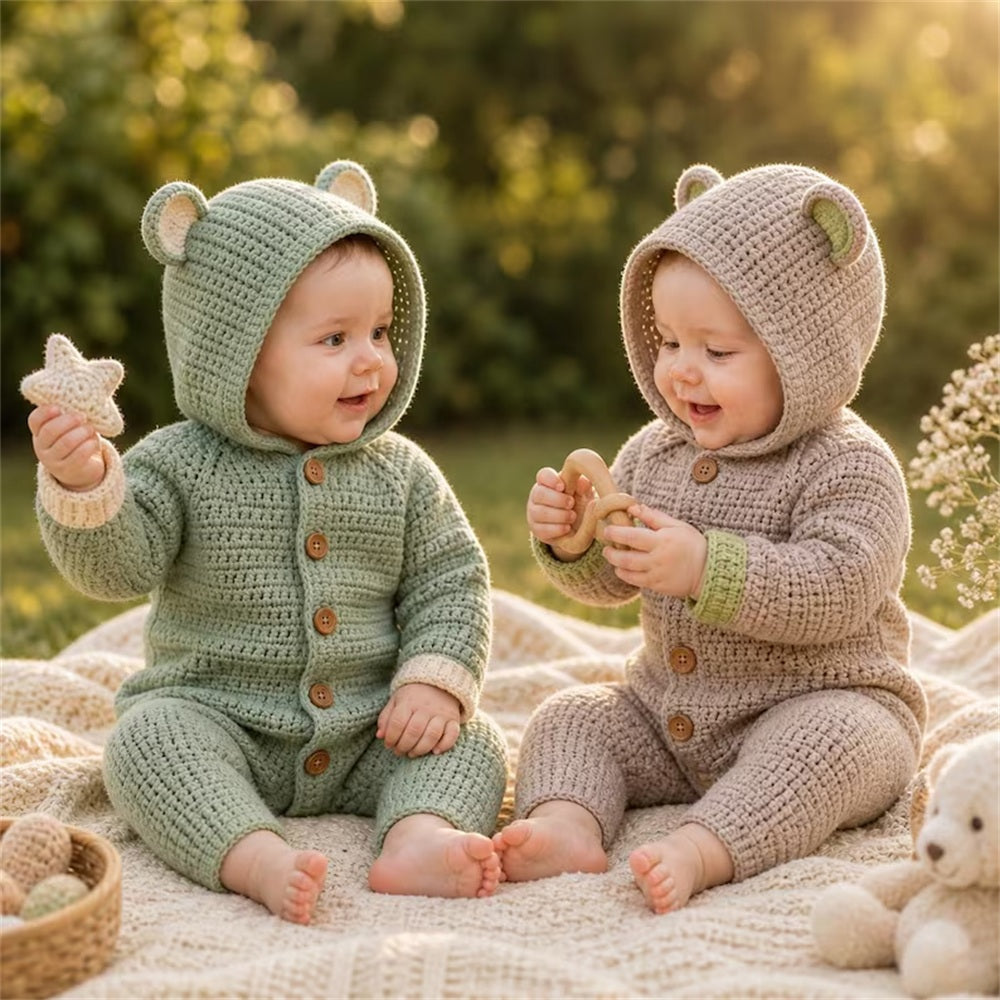 Cozy Solid Color 3D Bear Ear Knit Hooded Long Sleeve Baby Jumpsuit