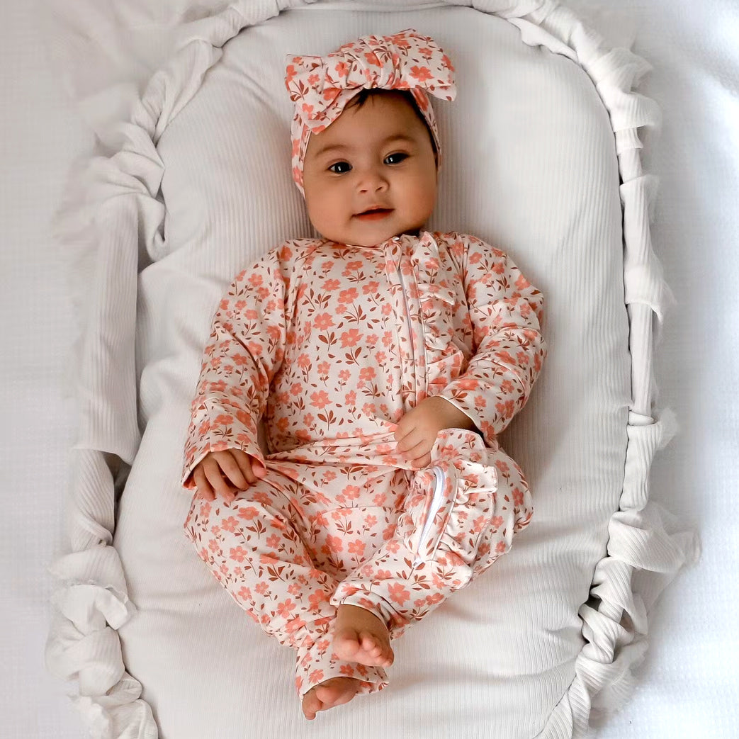 2PCS Delicate Floral Print Ruffle Zipper Long Sleeve Baby Jumpsuit