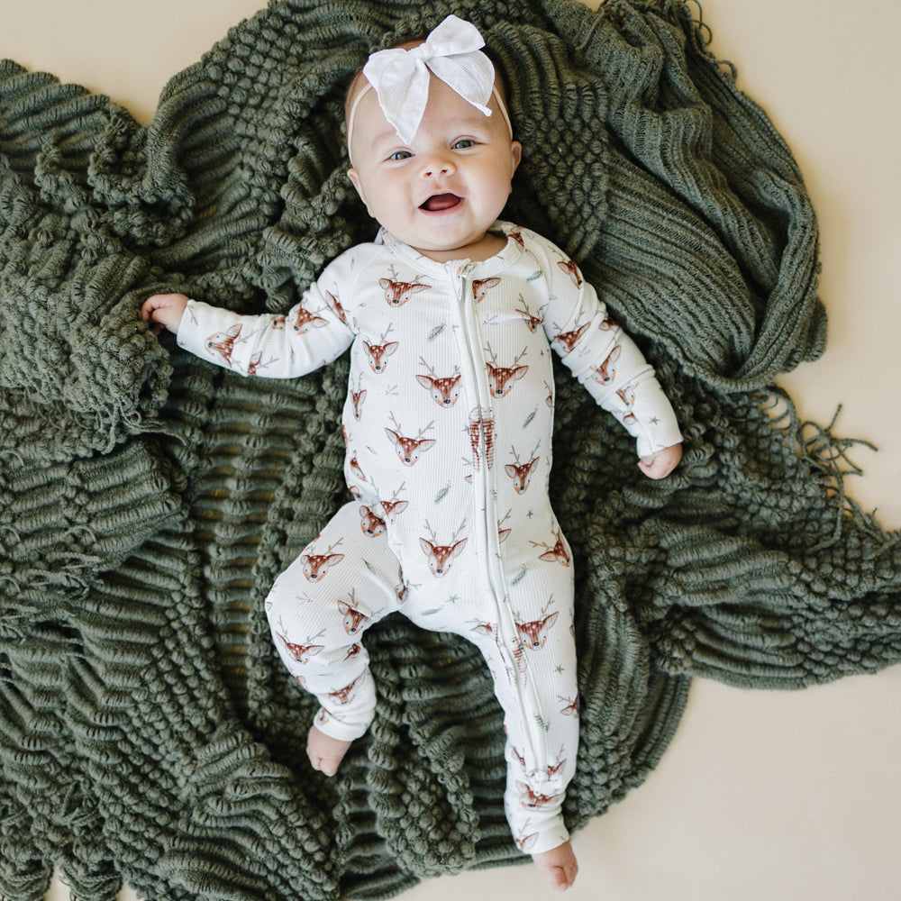 Cute Reindeer Printed Ribbed Zippy Baby Jumpsuit