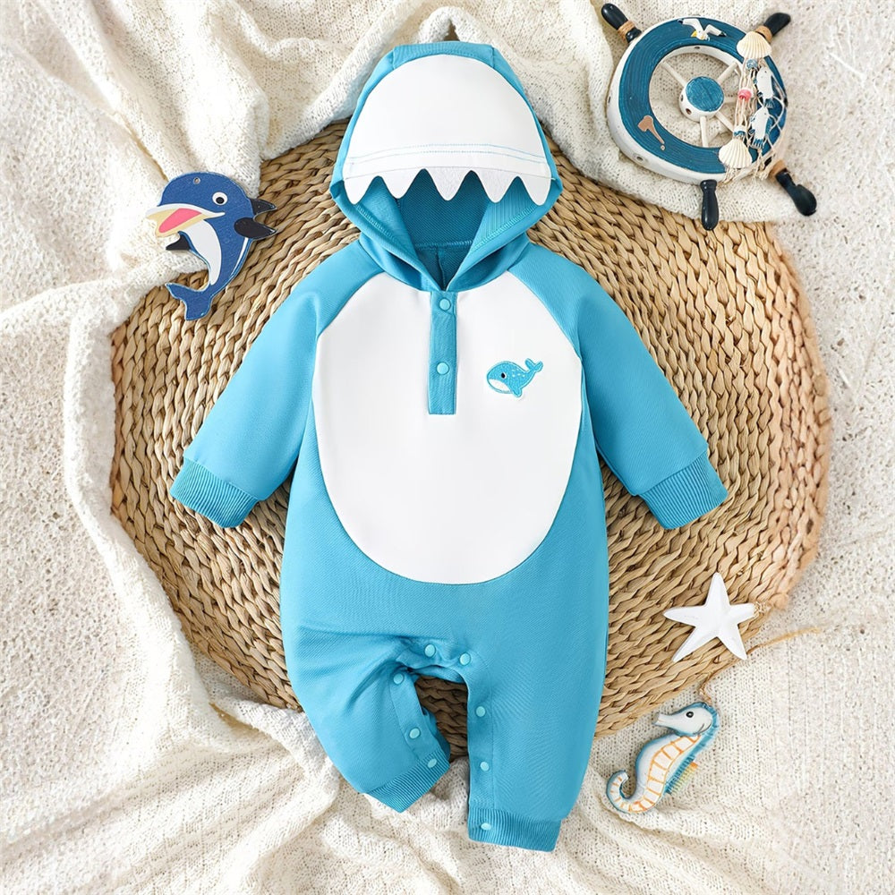 Color-blocked Minimalist Style Long Sleeve Baby Hooded Jumpsuit