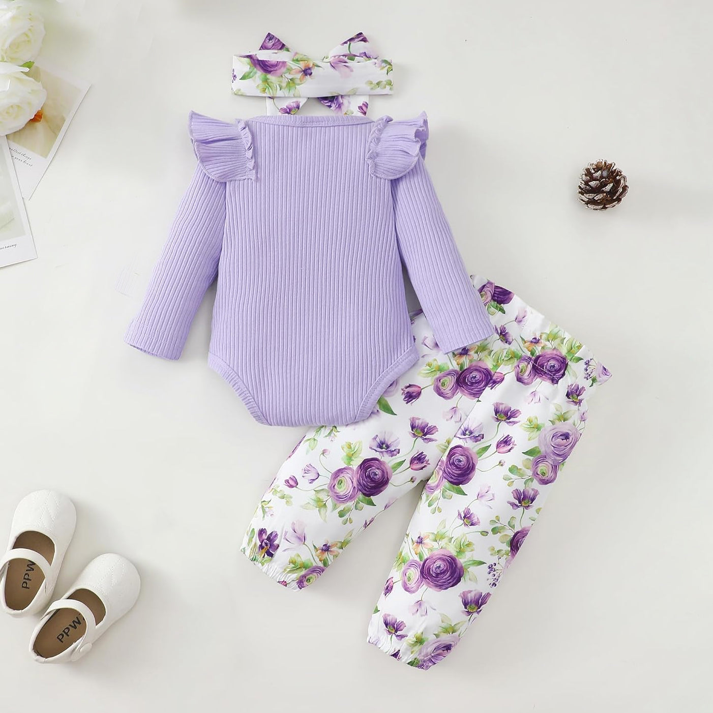 3PCS Floral Print Long Sleeve Baby Girl Set