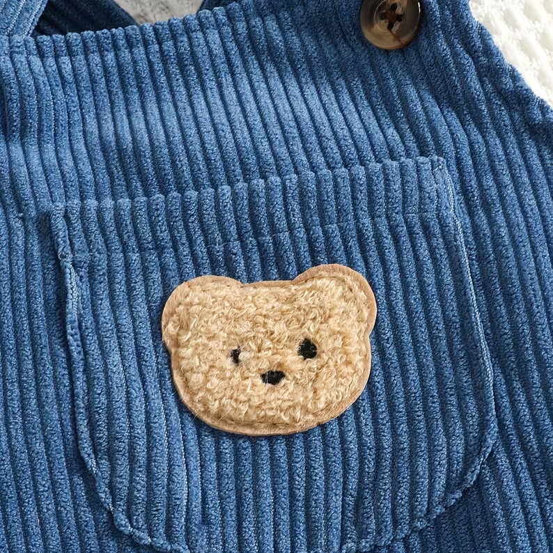 3PCS Bear Print Long Sleeve Baby Overalls Set