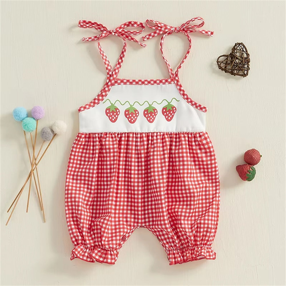 Lovely Plaid Strawberry Printed Sleeveless Baby Jumpsuit