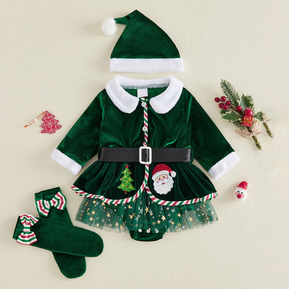3PCS Christmas Santa Claus Printed Tulle Long Sleeve Baby Romper