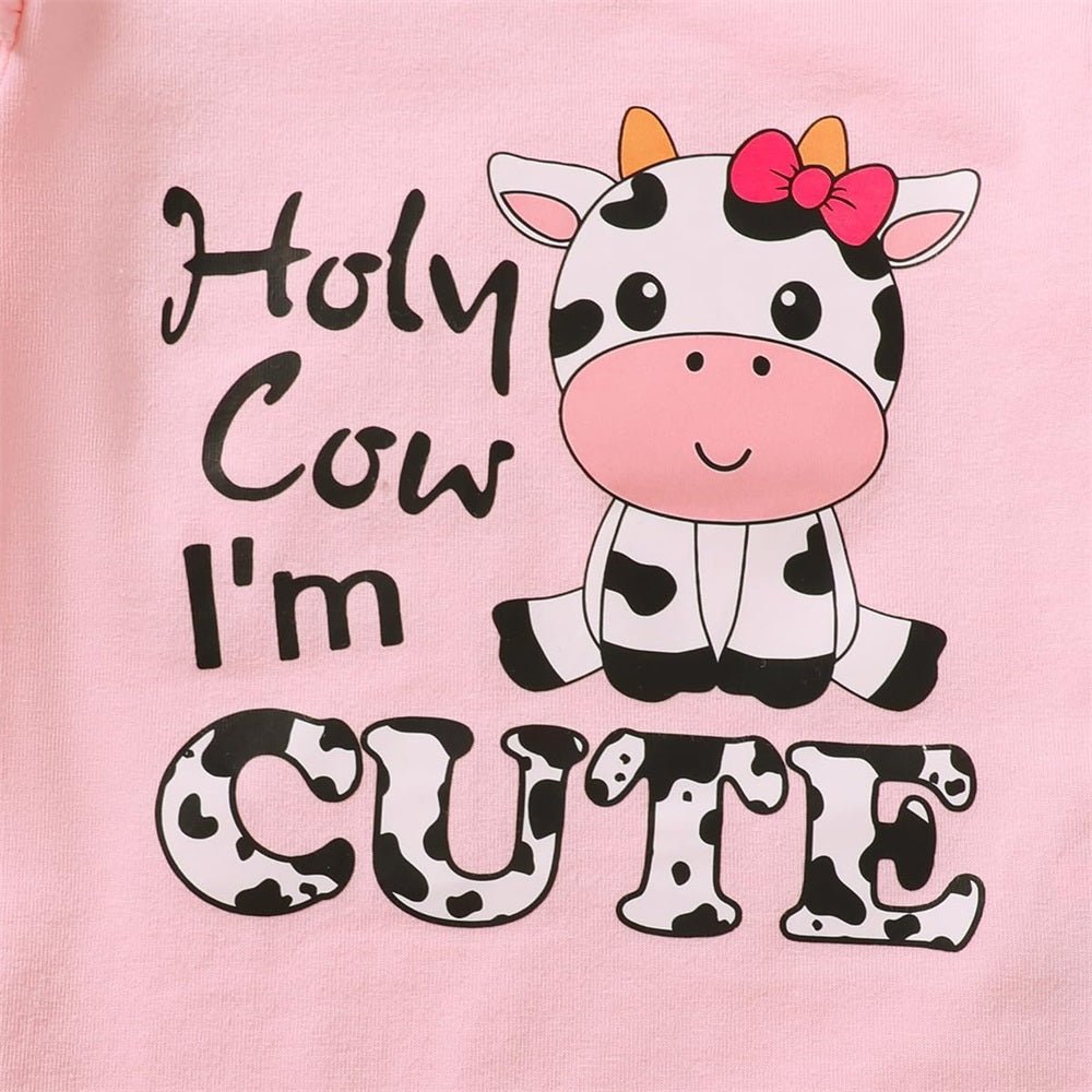3PCS Holy Cow I'm Cute Letter Cow Print Baby Girl Set