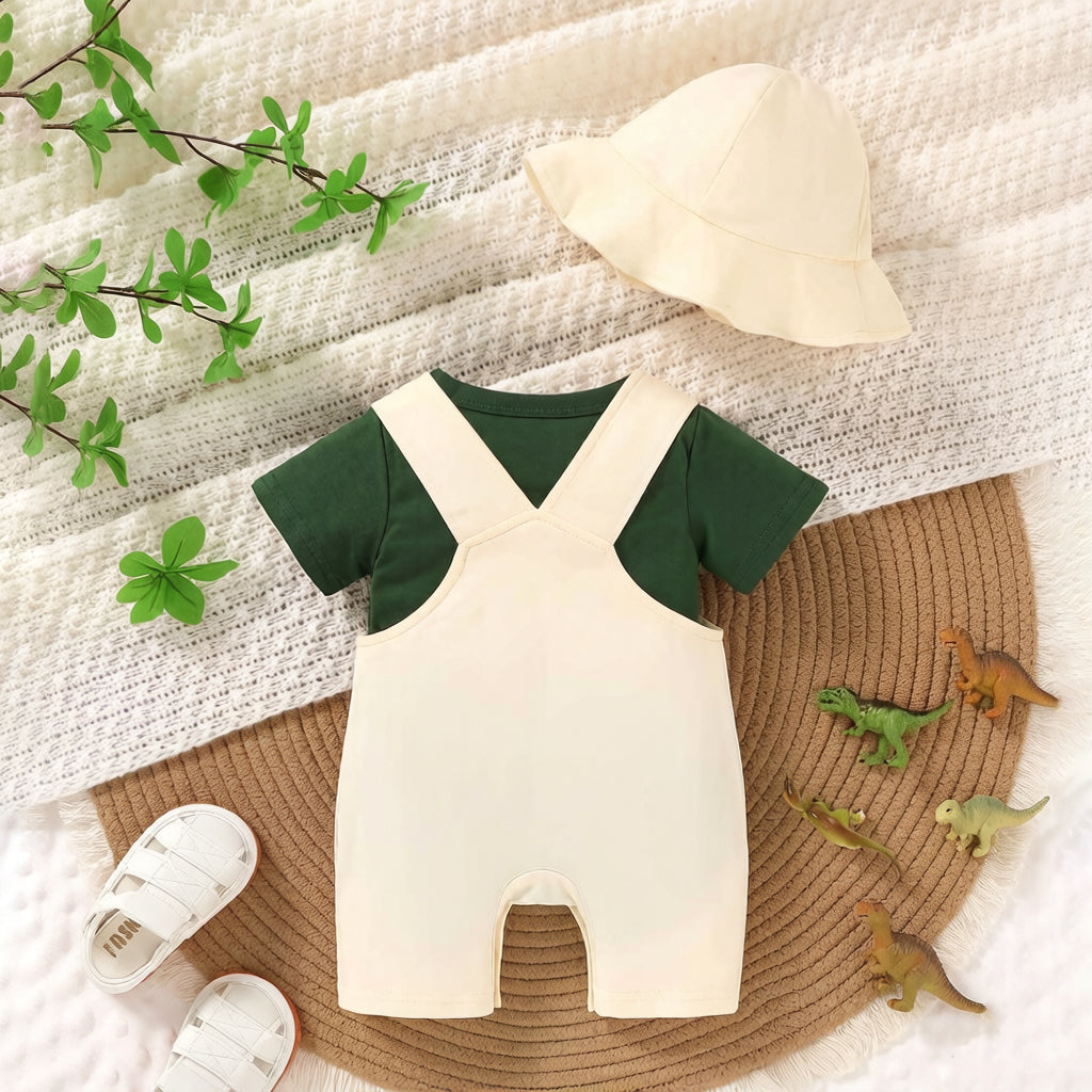 3PCS Cute Summer Dinosaur Printed Short Sleeve Overalls Baby Set