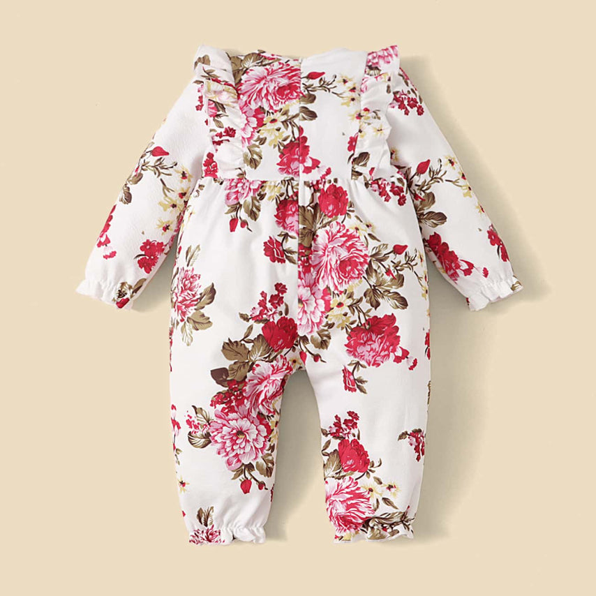 Delightful Floral Print Long Sleeve Baby Jumpsuit