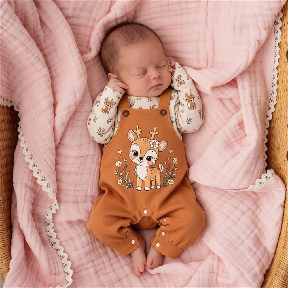 2PCS Elegant Giraffe Printed Long Sleeve Baby Overalls Set