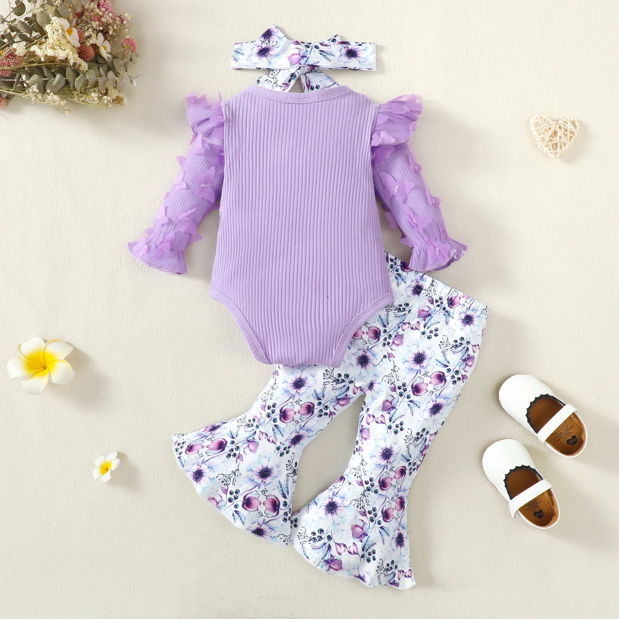 3PCS Daddy's Little Girl Letter Floral Print Long Sleeve Baby Set