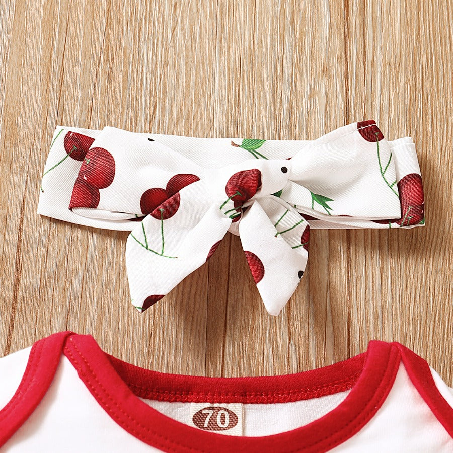 3PCS Adorable Cherry Print Bow Short Sleeve Baby Set