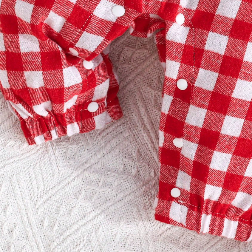 Cute Plaid Printed Ruffle Long Sleeve Baby Jumpsuit