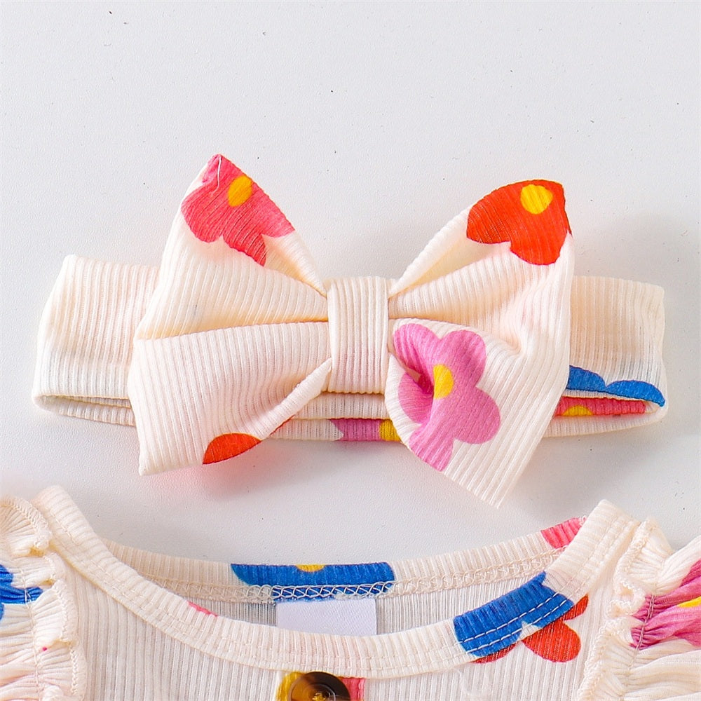 3PCS Refined Floral Printed Bow Baby Girl Romper