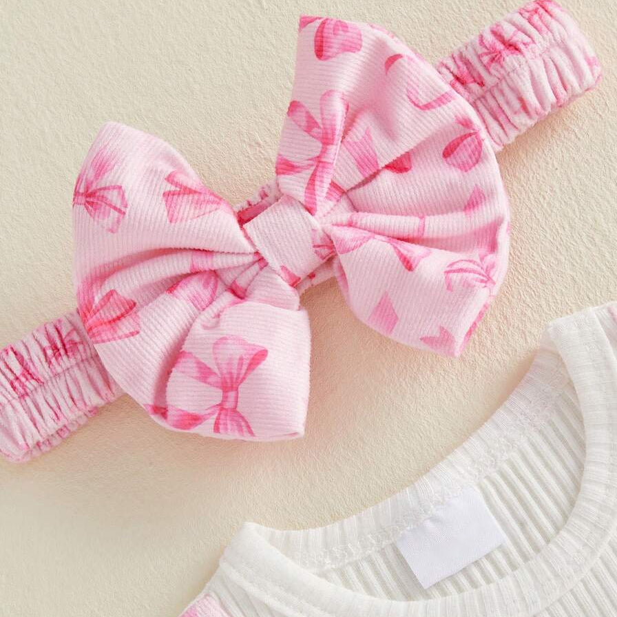 2PCS Lovely Faux Two-Piece Bow Print Short Sleeve Baby Jumpsuit