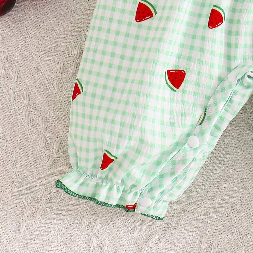 Adorable Watermelon Plaid Print Flutter Sleeve Baby Jumpsuit