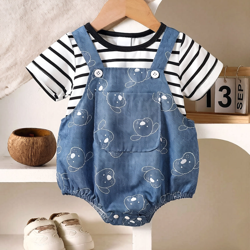 2PCS Casual Sketch Puppy Stripe Printed Short Sleeve Baby Set