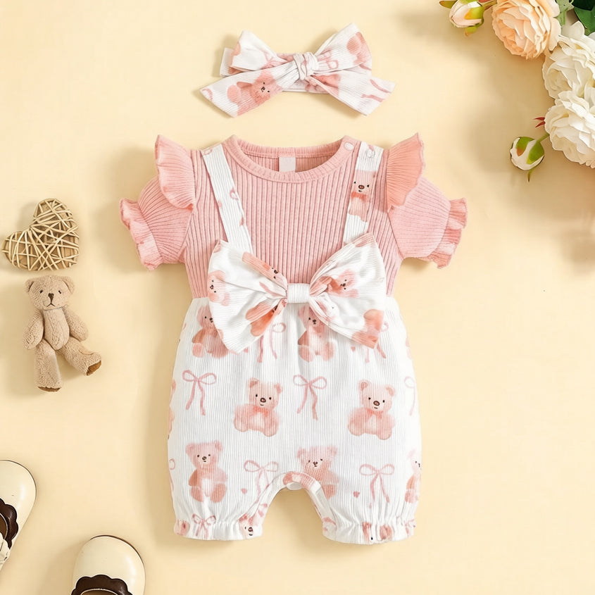 2PCS Cute Teddy Bear & Bow Print Short Sleeve Baby Jumpsuit