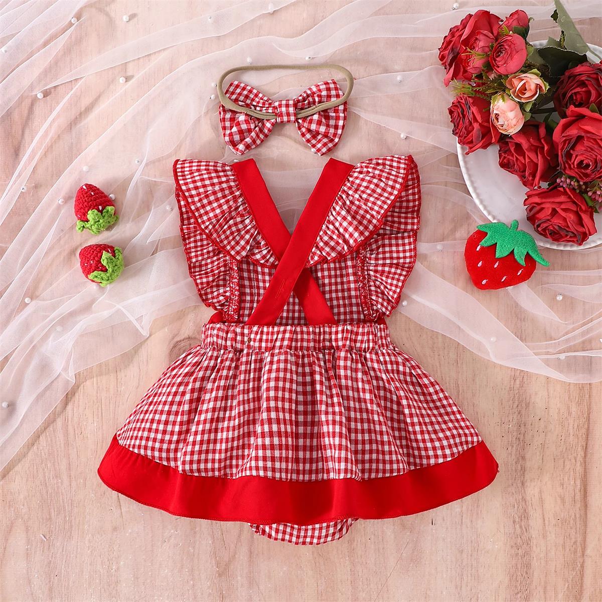 2PCS Sweet Cherry Plaid Printed Sleeveless Baby Romper