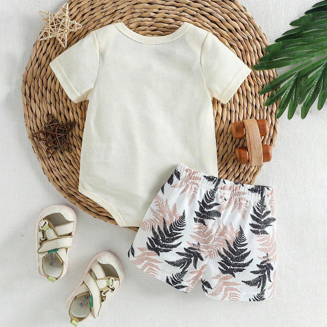 2PCS Mama's Boy Letter Tropical Leaf Printed Short Sleeve Baby Set