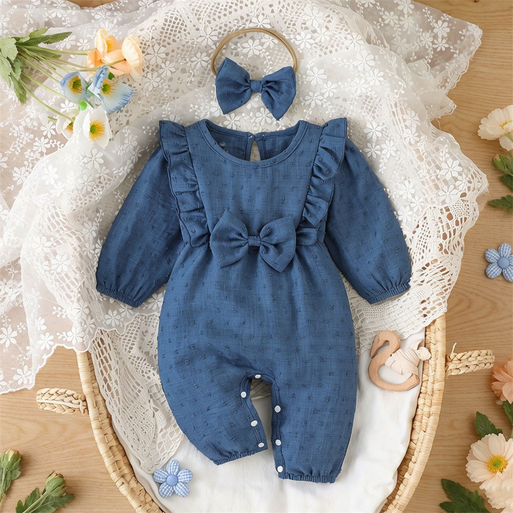 2PCS Lovely Solid Color Bow Ruffle Baby Jumpsuit